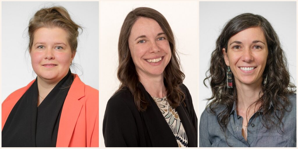 Portraits de Mylène Villeneuve Cyr, Marilène Bolduc et Joelle Lepage, lauréates aux Prix d'excellence des professionnels de recherche 2024.